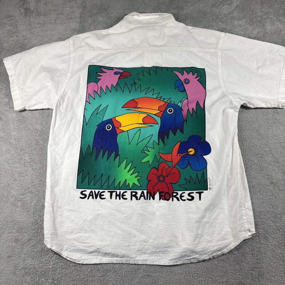 Puerto Rico Save The Rain Forest Cream 100% Cotton‎ Button Up Size Medium - Picture 8 of 10